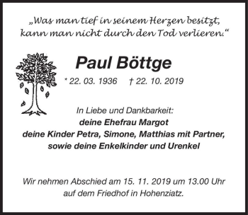 Traueranzeige von Paul Böttge  von Magdeburger Volksstimme