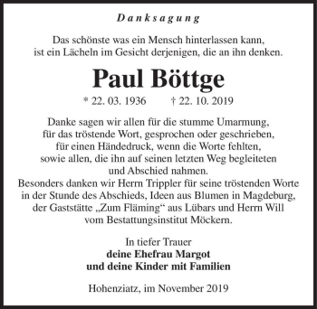 Traueranzeige von Paul Böttge  von Magdeburger Volksstimme