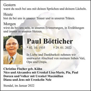 Traueranzeige von Paul Bötticher  von Magdeburger Volksstimme