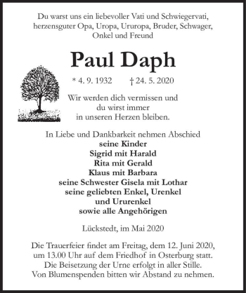 Traueranzeige von Paul Daph  von Magdeburger Volksstimme