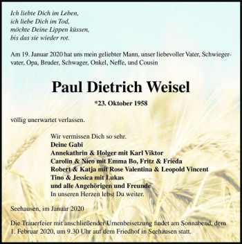 Traueranzeige von Paul Dietrich Weisel  von Magdeburger Volksstimme