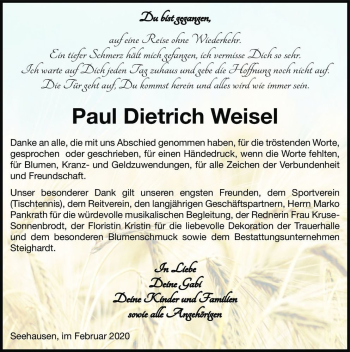 Traueranzeige von Paul Dietrich Weisel  von Magdeburger Volksstimme
