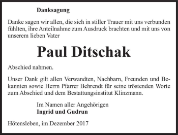 Traueranzeige von Paul Ditschak  von Magdeburger Volksstimme