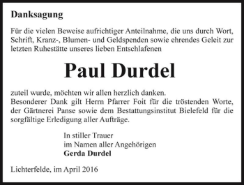 Traueranzeige von Paul Durdel  von Magdeburger Volksstimme
