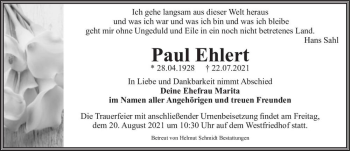 Traueranzeige von Paul Ehlert  von Magdeburger Volksstimme
