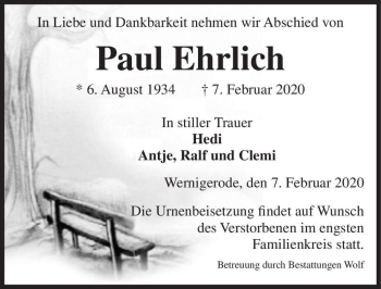 Traueranzeige von Paul Ehrlich  von Magdeburger Volksstimme