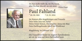 Traueranzeige von Paul Fahland  von Magdeburger Volksstimme