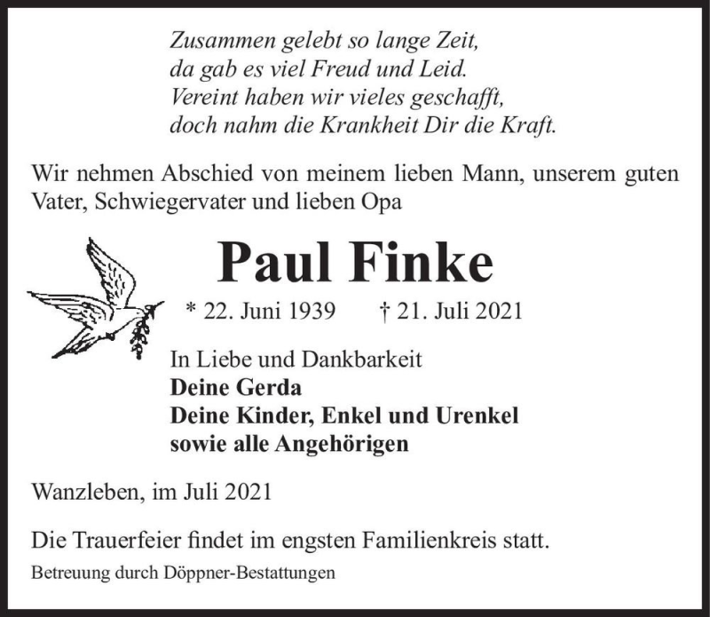 Traueranzeige für Paul Finke  vom 24.07.2021 aus Magdeburger Volksstimme