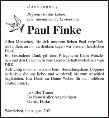 Traueranzeige von Paul Finke  von Magdeburger Volksstimme