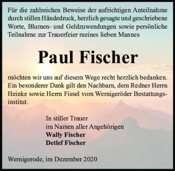 Traueranzeige von Paul Fischer  von Magdeburger Volksstimme