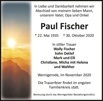 Traueranzeige von Paul Fischer  von Magdeburger Volksstimme