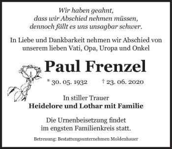Traueranzeige von Paul Frenzel  von Magdeburger Volksstimme