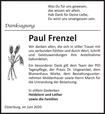 Traueranzeige von Paul Frenzel  von Magdeburger Volksstimme