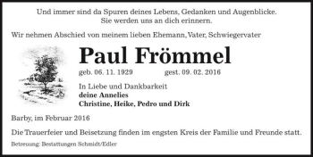 Traueranzeige von Paul Frömmel  von Magdeburger Volksstimme