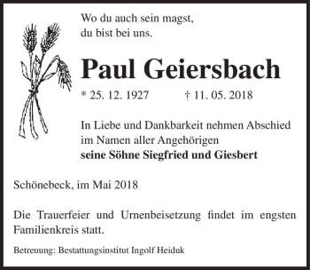 Traueranzeige von Paul Geiersbach  von Magdeburger Volksstimme