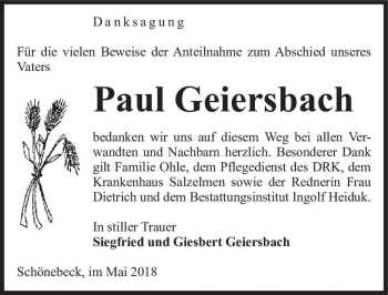 Traueranzeige von Paul Geiersbach  von Magdeburger Volksstimme