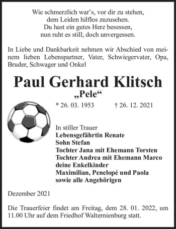 Traueranzeige von Paul Gerhard Klitsch 
