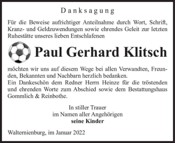 Traueranzeige von Paul Gerhard Klitsch  von Magdeburger Volksstimme