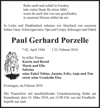 Traueranzeige von Paul Gerhard Porzelle  von Magdeburger Volksstimme