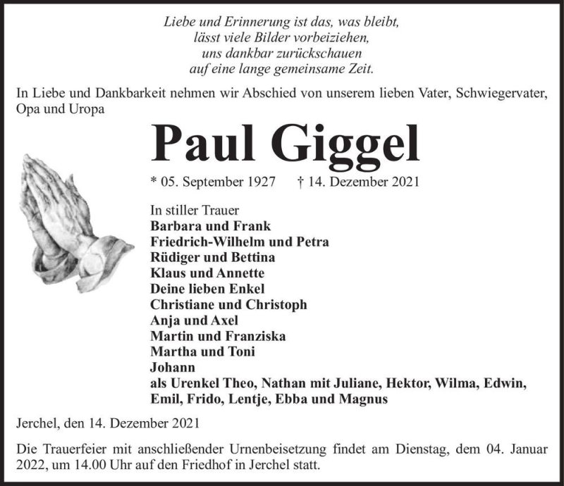  Traueranzeige für Paul Giggel  vom 18.12.2021 aus Magdeburger Volksstimme