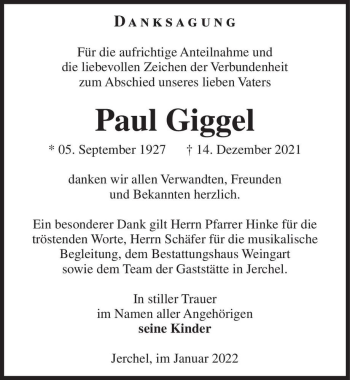 Traueranzeige von Paul Giggel  von Magdeburger Volksstimme