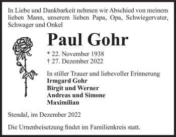 Traueranzeige von Paul Gohr  von Magdeburger Volksstimme