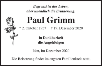 Traueranzeige von Paul Grimm  von Magdeburger Volksstimme