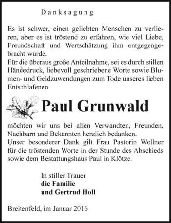 Traueranzeige von Paul Grunwald  von Magdeburger Volksstimme