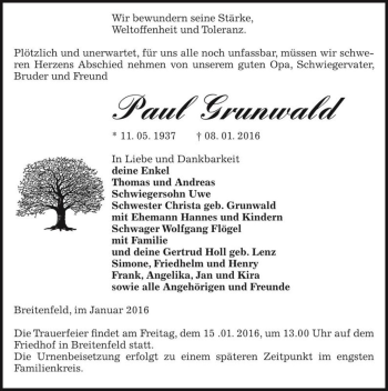 Traueranzeige von Paul Grunwald  von Magdeburger Volksstimme