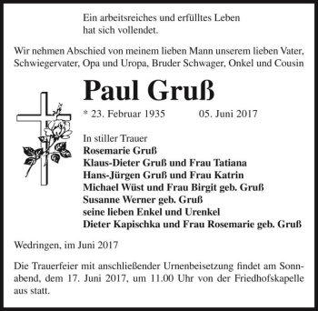 Traueranzeige von Paul Gruß  von Magdeburger Volksstimme