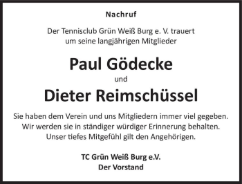 Traueranzeige von Paul Gödecke und Dieter Reimschüssel  von Magdeburger Volksstimme