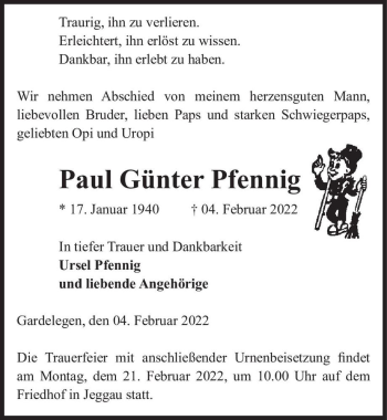 Traueranzeige von Paul Günter Pfennig  von Magdeburger Volksstimme