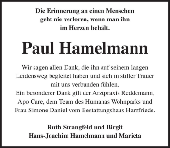 Traueranzeige von Paul Hamelmann  von Magdeburger Volksstimme