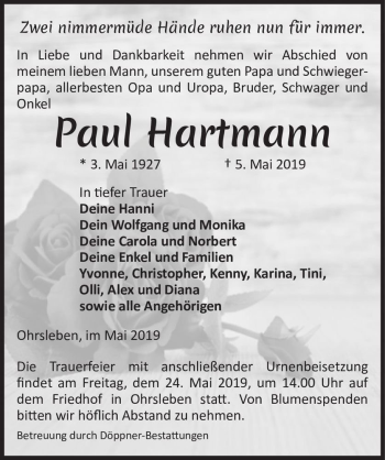 Traueranzeige von Paul Hartmann  von Magdeburger Volksstimme
