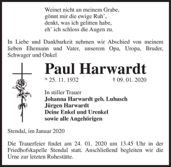 Traueranzeige von Paul Harwardt  von Magdeburger Volksstimme