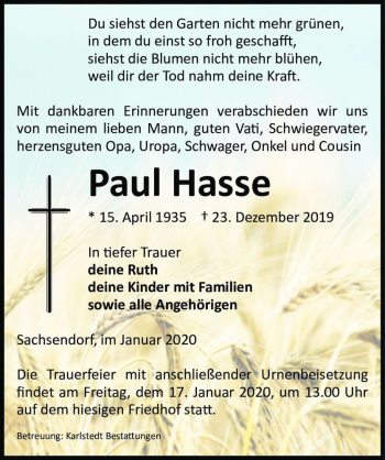 Traueranzeige von Paul Hasse  von Magdeburger Volksstimme