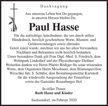 Traueranzeige von Paul Hasse  von Magdeburger Volksstimme
