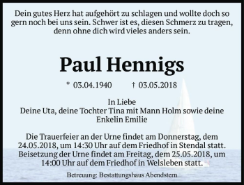 Traueranzeige von Paul Hennigs  von Magdeburger Volksstimme