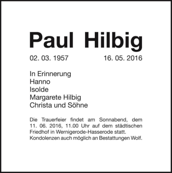Traueranzeige von Paul Hilbig  von Magdeburger Volksstimme