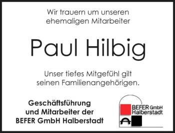 Traueranzeige von Paul Hilbig  von Magdeburger Volksstimme