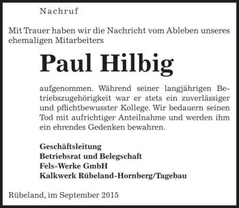 Traueranzeige von Paul Hilbig  von Magdeburger Volksstimme