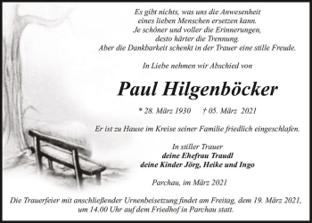 Traueranzeige von Paul Hilgenböcker  von Magdeburger Volksstimme