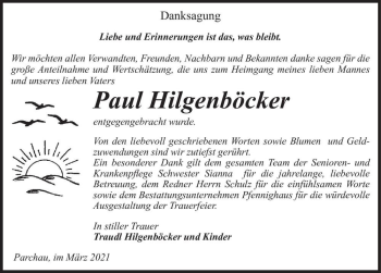 Traueranzeige von Paul Hilgenböcker  von Magdeburger Volksstimme