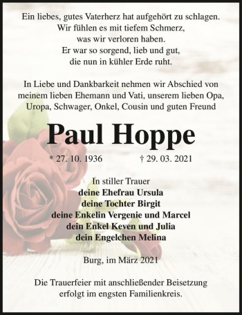 Traueranzeige von Paul Hoppe  von Magdeburger Volksstimme