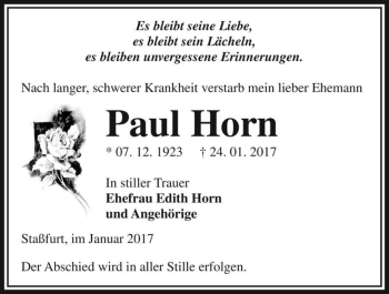 Traueranzeige von Paul Horn  von Magdeburger Volksstimme