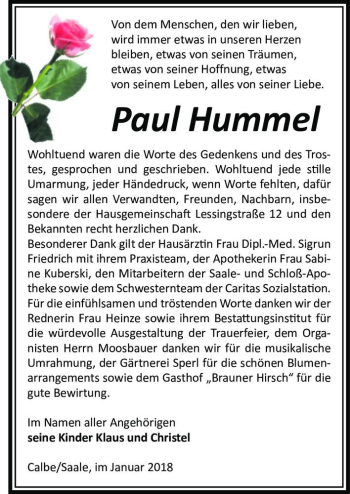 Traueranzeige von Paul Hummel  von Magdeburger Volksstimme