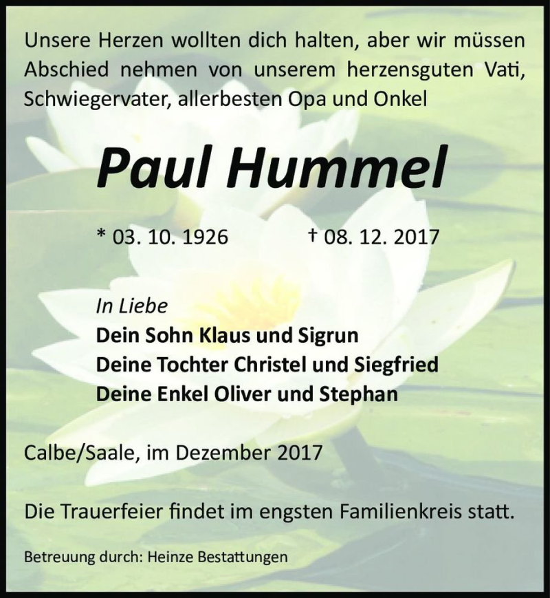  Traueranzeige für Paul Hummel  vom 16.12.2017 aus Magdeburger Volksstimme
