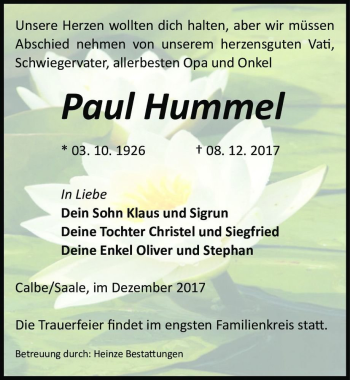 Traueranzeige von Paul Hummel  von Magdeburger Volksstimme
