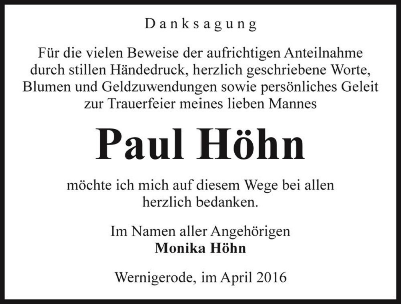  Traueranzeige für Paul Höhn  vom 16.04.2016 aus Magdeburger Volksstimme