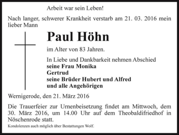 Traueranzeige von Paul Höhn  von Magdeburger Volksstimme